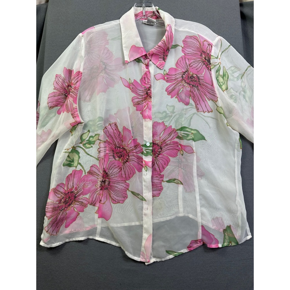 Nicola Women XL Pink Floral Sheer Button Front Blouse Ruffle Cuff Long Sleeve